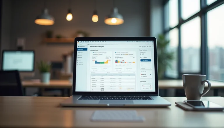 Eye-level view of a modern office workspace with a laptop displaying a task management dashboard