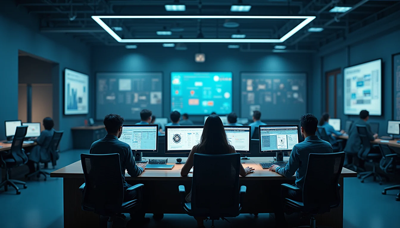 High angle view of industrial automation control room with multiple screens