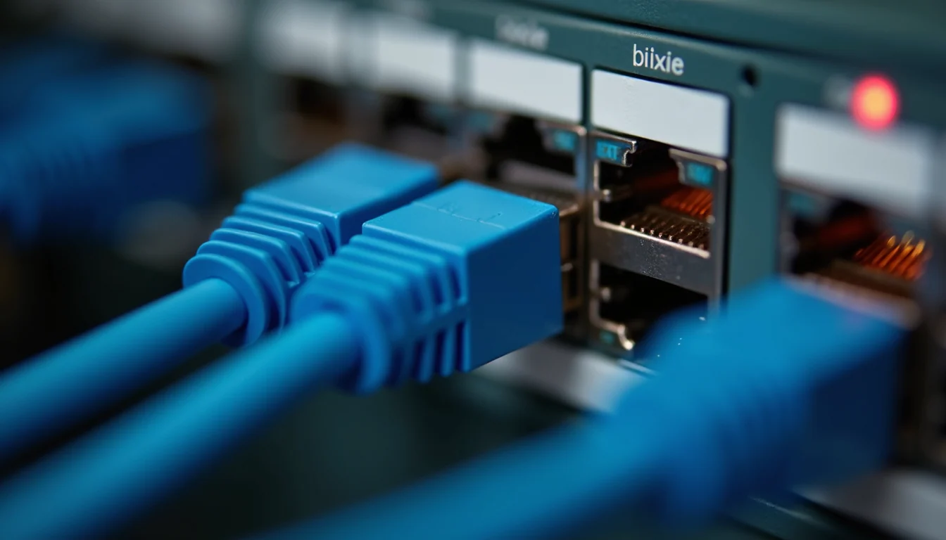 Close-up view of industrial Ethernet switch with connected cables