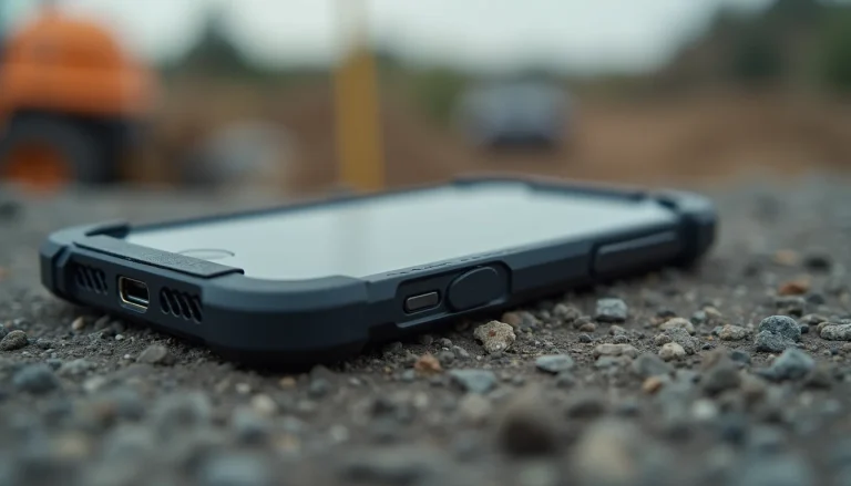 Close-up view of a rugged smartphone with reinforced edges on a worksite