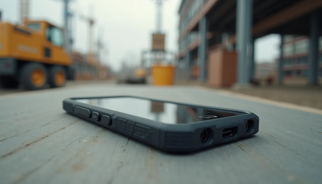 Eye-level view of a rugged smartphone on a construction site table